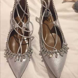 NIB Aquazzura Metallic Silver Suede Crystal Embellished Pointed Toe Ballet Flats